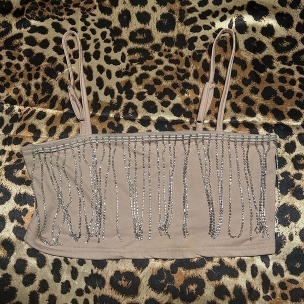 SHEIN Beige Crop Top with Layered Hanging Rhinestones